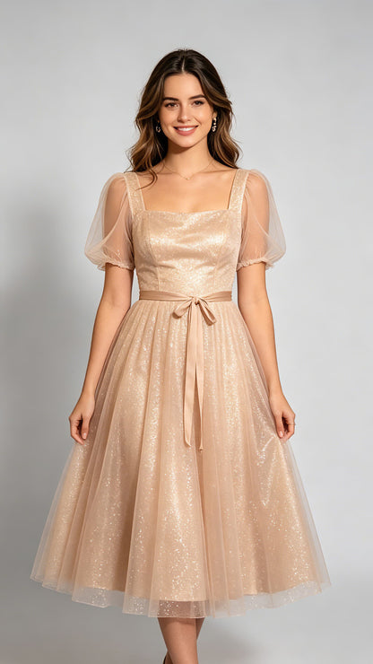Polished A-line Champagne Bridesmaid Gowns Straps Sparkle Tulle Midi Formal Dresses LFNG0011