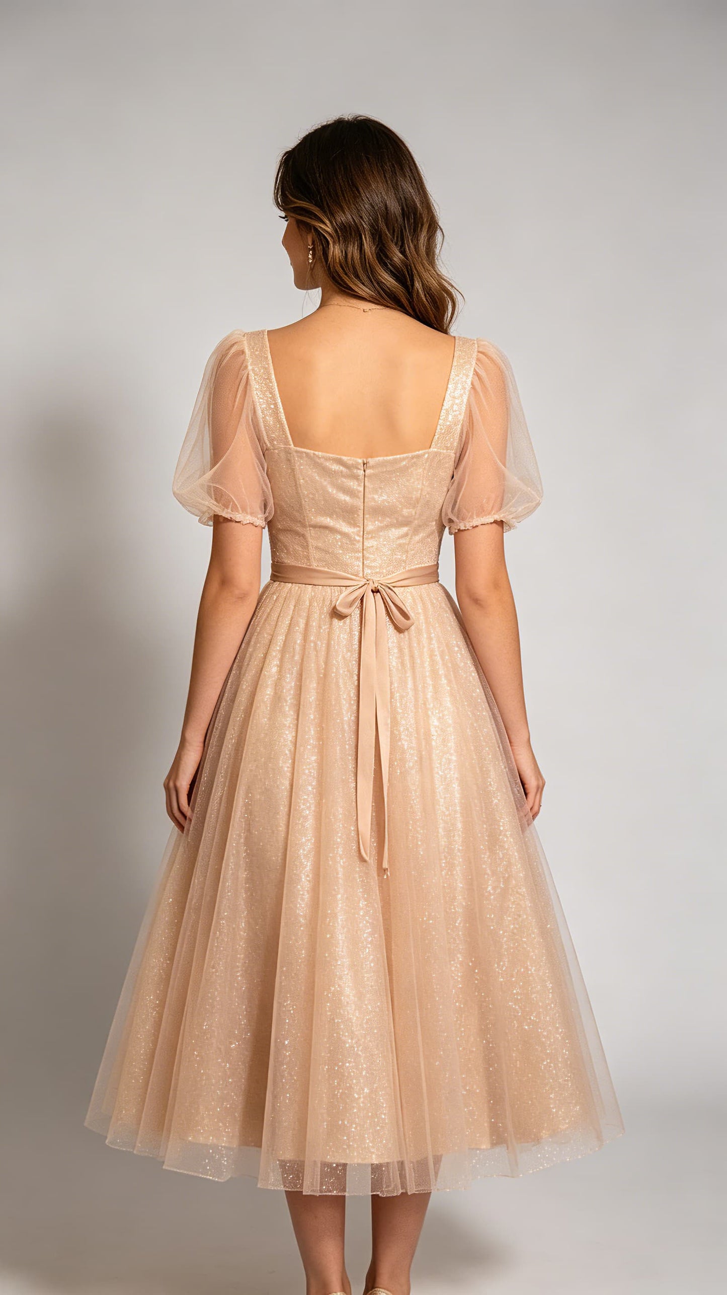 Polished A-line Champagne Bridesmaid Gowns Straps Sparkle Tulle Midi Formal Dresses LFNG0011