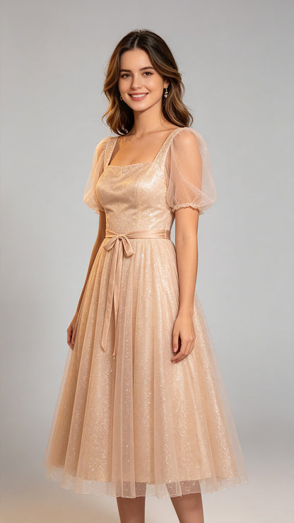 Polished A-line Champagne Bridesmaid Gowns Straps Sparkle Tulle Midi Formal Dresses LFNG0011