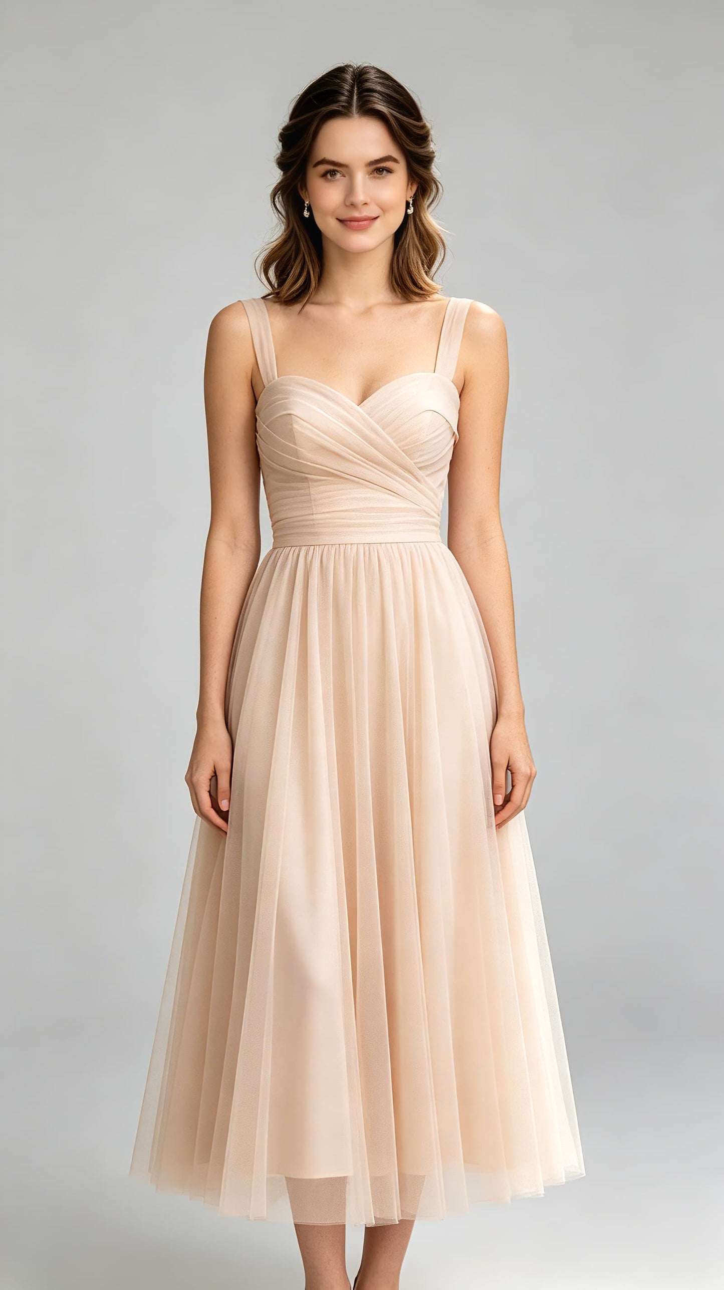 Effortless A-line Champagne Bridesmaid Gowns Straps Chiffon & Tulle Midi Formal Dresses LFNG0012