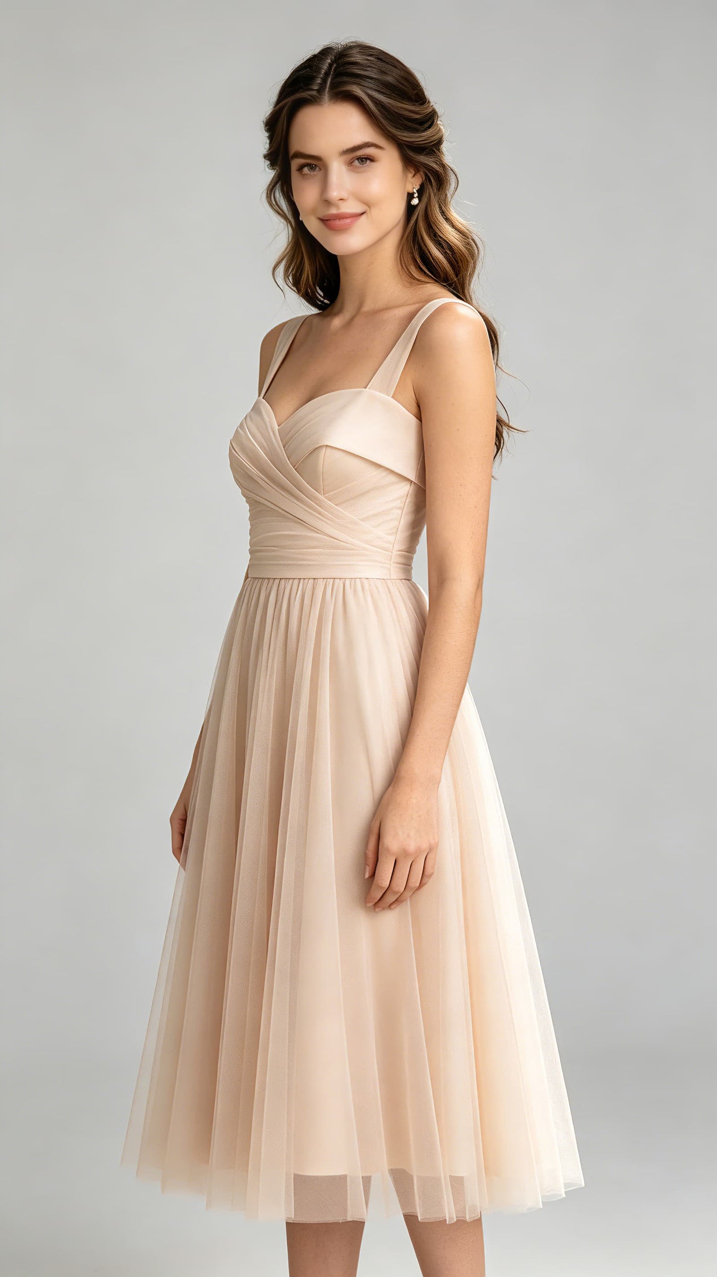 Effortless A-line Champagne Bridesmaid Gowns Straps Chiffon & Tulle Midi Formal Dresses LFNG0012