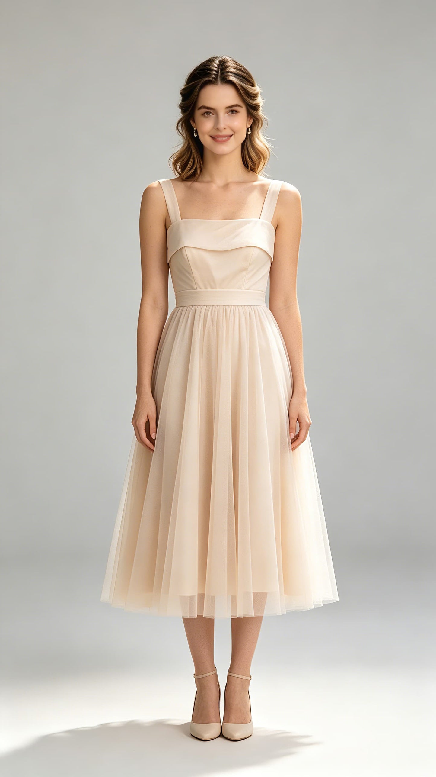 Feminine A-line Champagne Bridesmaid Gowns Straps Chiffon & Tulle Midi Formal Dresses LFNG0013