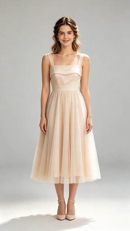 Feminine A-line Champagne Bridesmaid Gowns Straps Chiffon & Tulle Midi Formal Dresses LFNG0013