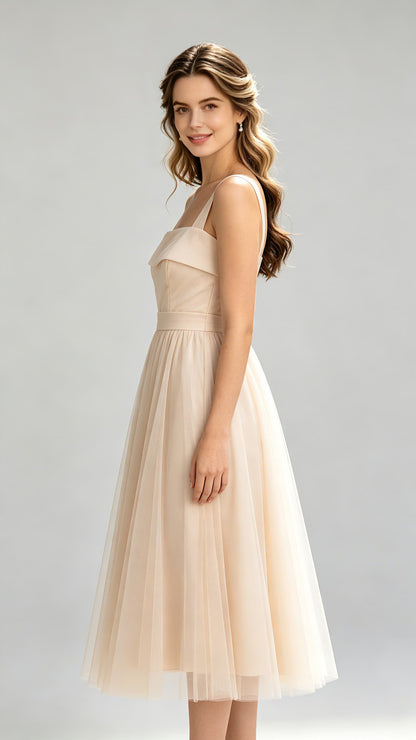Feminine A-line Champagne Bridesmaid Gowns Straps Chiffon & Tulle Midi Formal Dresses LFNG0013