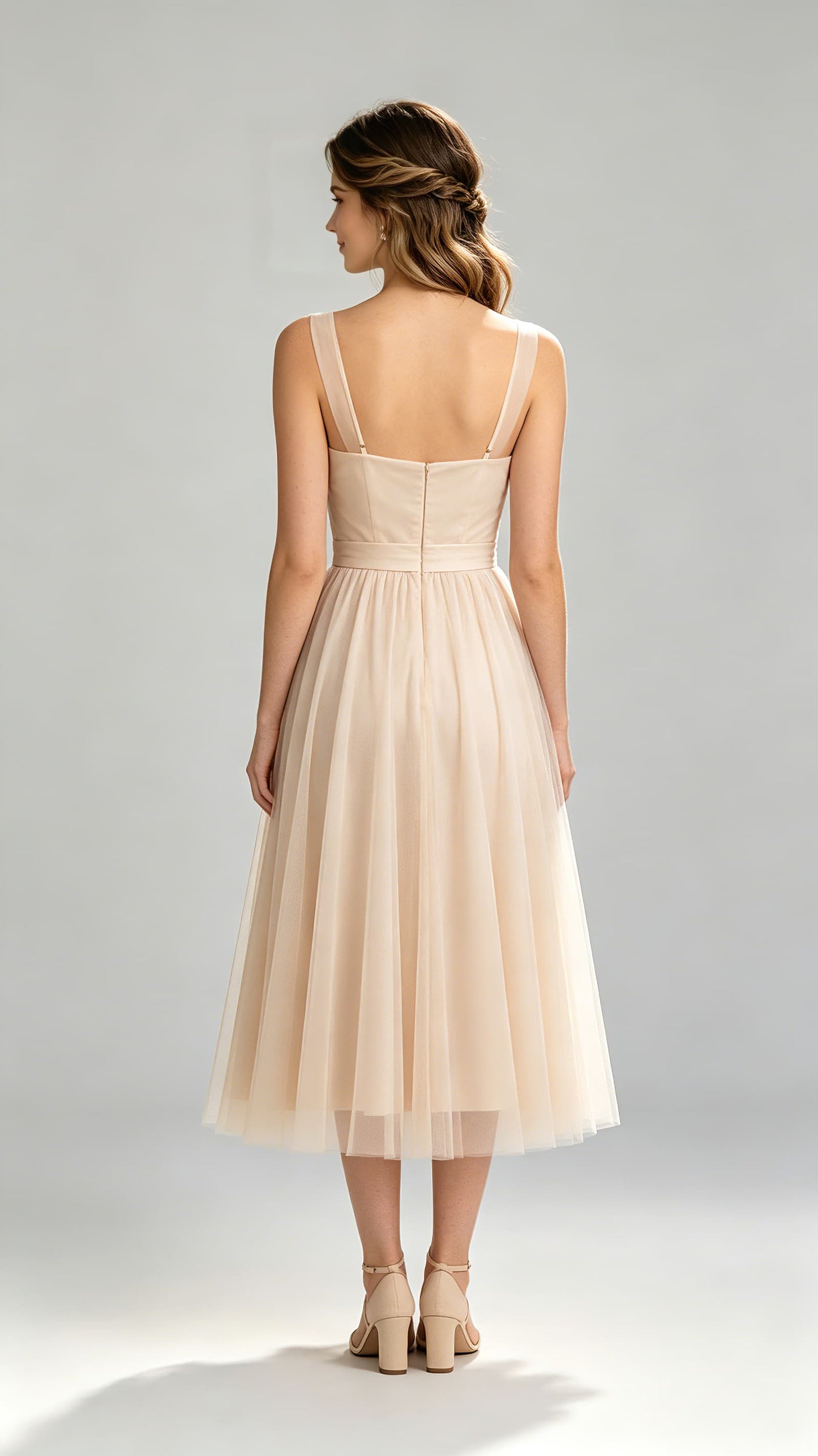 Feminine A-line Champagne Bridesmaid Gowns Straps Chiffon & Tulle Midi Formal Dresses LFNG0013