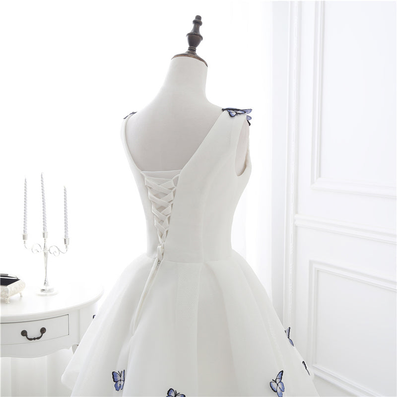 Sleek A-line White Evening Dress V Neck Tulle Short Formal Dress LFNL0572