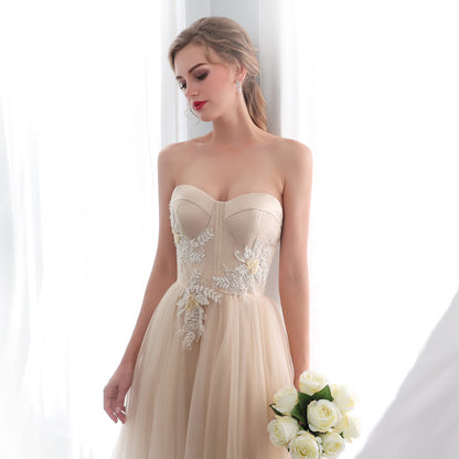 Lightweight A-line Champagne Evening Gowns Sweetheart Tulle Long Formal Dress LFNG0043