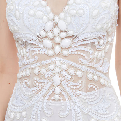 Gorgeous Mermaid White Evening Gowns Round Neck Tulle Bridal Dress LFNL0630