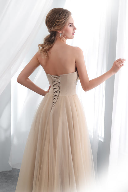 Lightweight A-line Champagne Evening Gowns Sweetheart Tulle Long Formal Dress LFNG0043