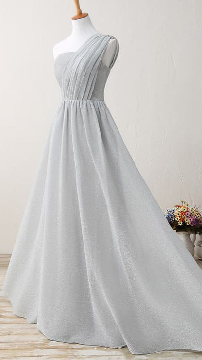 Flattering A-line Grey Evening Gowns One Shoulder Glitter Mesh Maxi Dress LFNL0804