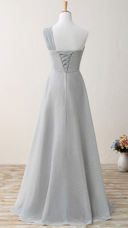 Flattering A-line Grey Evening Gowns One Shoulder Glitter Mesh Maxi Dress LFNL0804