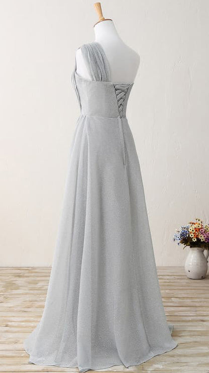 Flattering A-line Grey Evening Gowns One Shoulder Glitter Mesh Maxi Dress LFNL0804