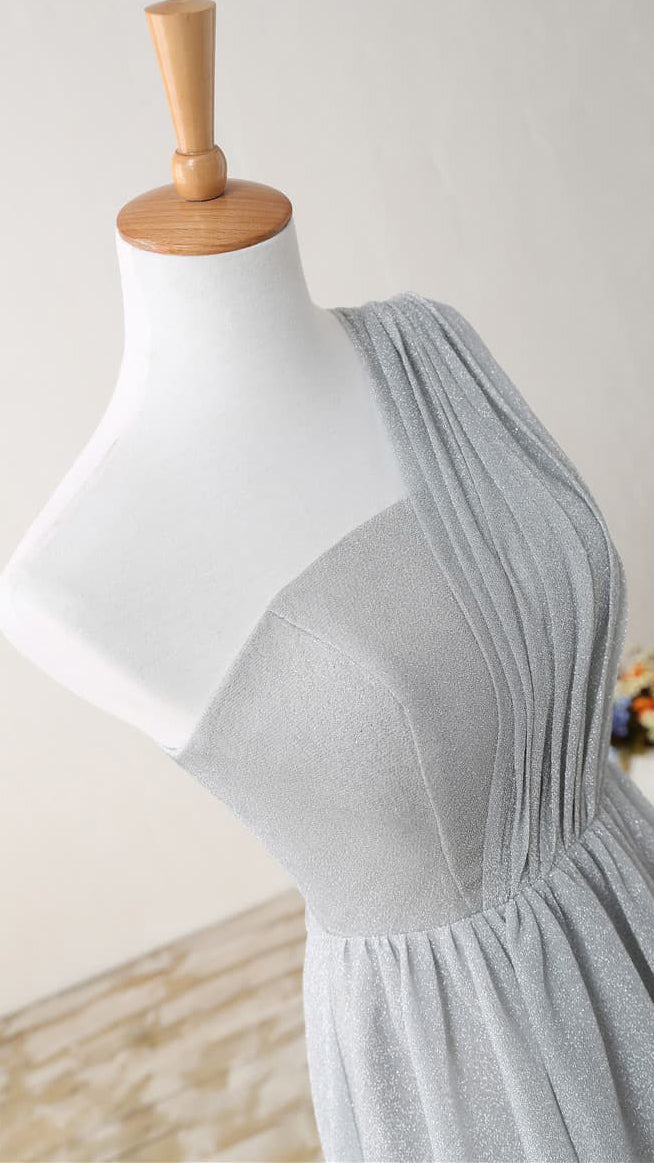 Flattering A-line Grey Evening Gowns One Shoulder Glitter Mesh Maxi Dress LFNL0804