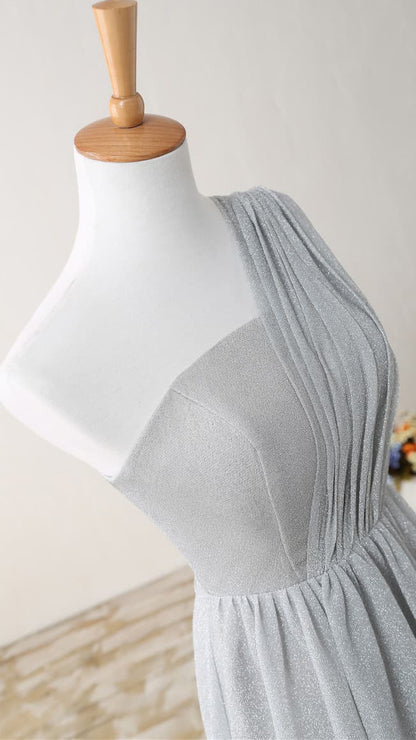 Flattering A-line Grey Evening Gowns One Shoulder Glitter Mesh Maxi Dress LFNL0804