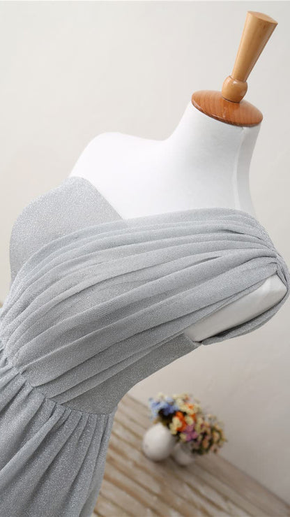 Flattering A-line Grey Evening Gowns One Shoulder Glitter Mesh Maxi Dress LFNL0804
