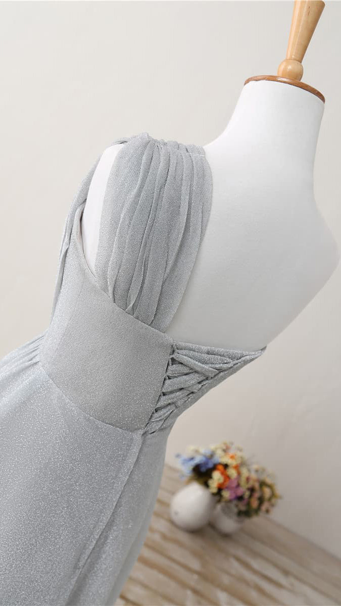 Flattering A-line Grey Evening Gowns One Shoulder Glitter Mesh Maxi Dress LFNL0804