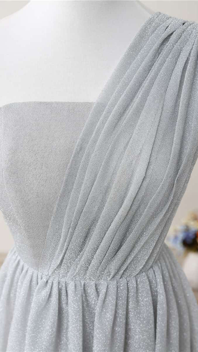 Flattering A-line Grey Evening Gowns One Shoulder Glitter Mesh Maxi Dress LFNL0804