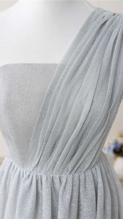 Flattering A-line Grey Evening Gowns One Shoulder Glitter Mesh Maxi Dress LFNL0804
