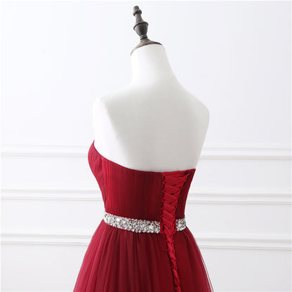 Graceful A-line Red Evening Dress Strapless Tulle Maxi Dress LFNL0626