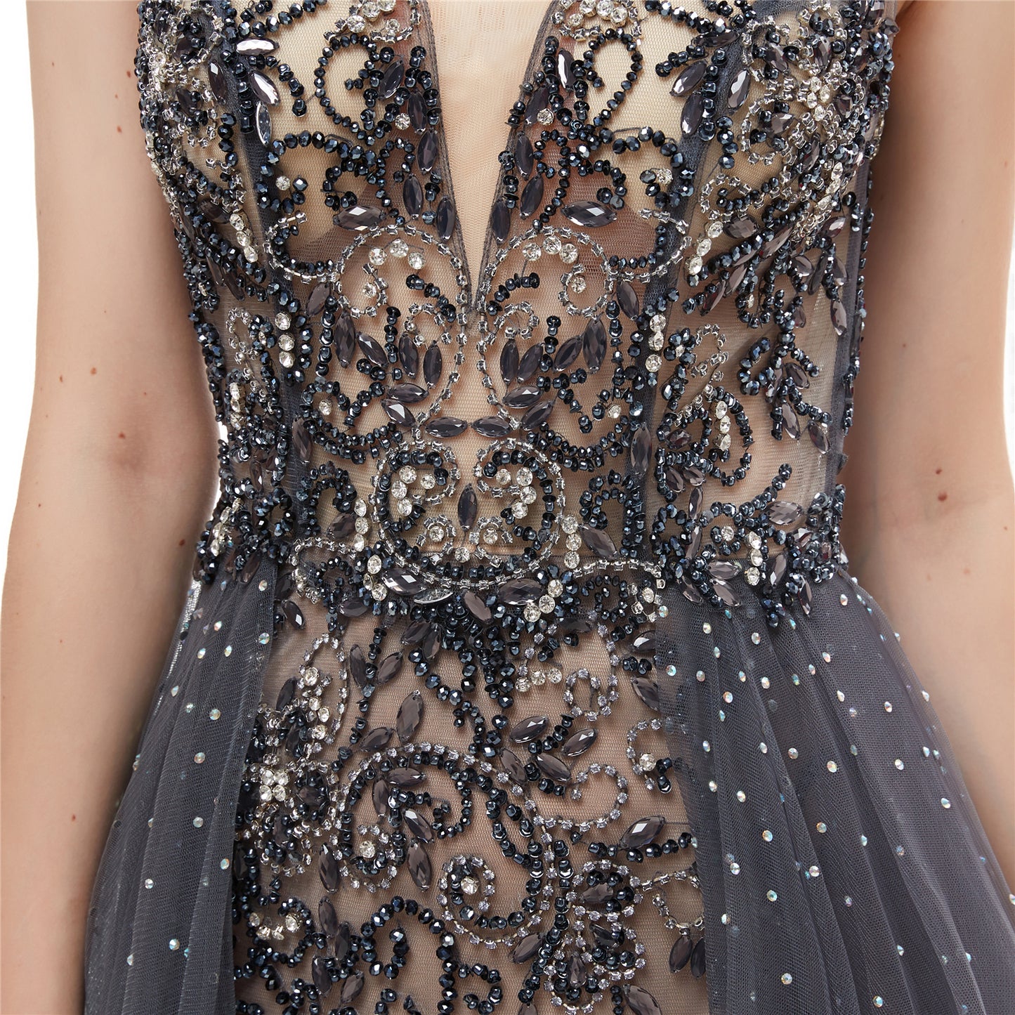 Eye-catching A-line Grey Evening Dress V Neck Tulle Long Formal Dress LFNL0632
