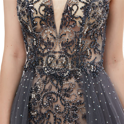 Eye-catching A-line Grey Evening Dress V Neck Tulle Long Formal Dress LFNL0632
