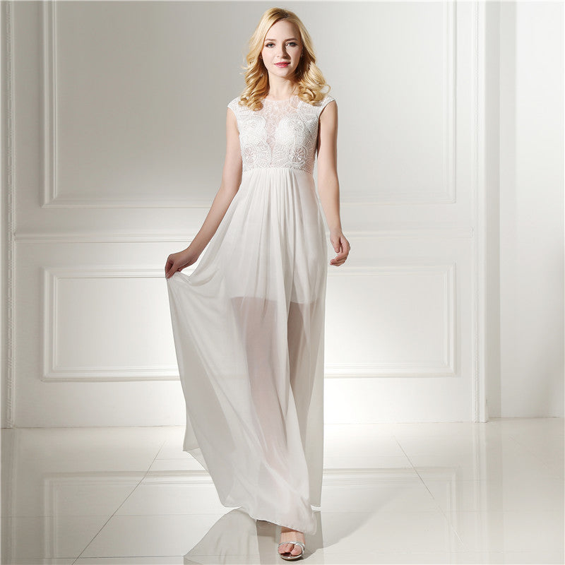 Elegant A-line White Evening Dress Round Neck Chiffon Long Formal Dress LFNL0488-1