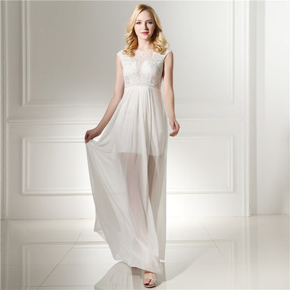 Elegant A-line White Evening Dress Round Neck Chiffon Long Formal Dress LFNL0488-1