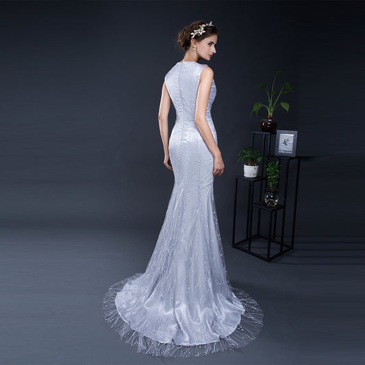 Beautiful Mermaid White Evening Dress Round Neck Lace Long Formal Dress LFNL0584
