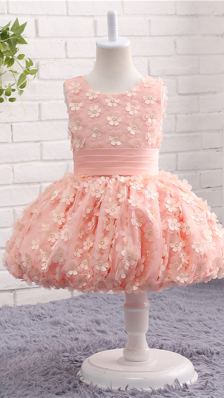Sheer A-line Pink Flower Girl Dresses Round Neck Petal Lace Short Gown LFNGA002