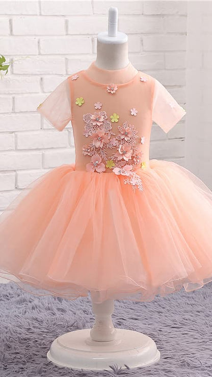 Tailored A-line Orange Flower Girl Dresses Round Neck Tulle Short Gown LFNGA006