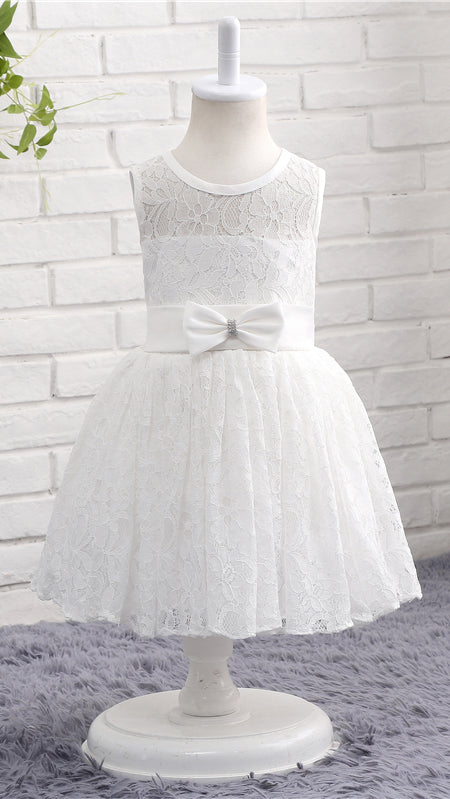 Minimalist A-line White Flower Girl Dresses Round Neck Lace Short Gown LFNGA005