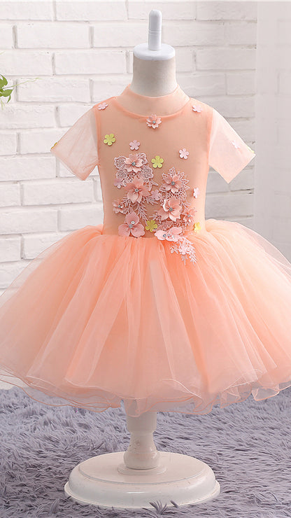 Tailored A-line Orange Flower Girl Dresses Round Neck Tulle Short Gown LFNGA006