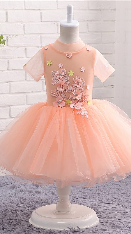 Tailored A-line Orange Flower Girl Dresses Round Neck Tulle Short Gown LFNGA006
