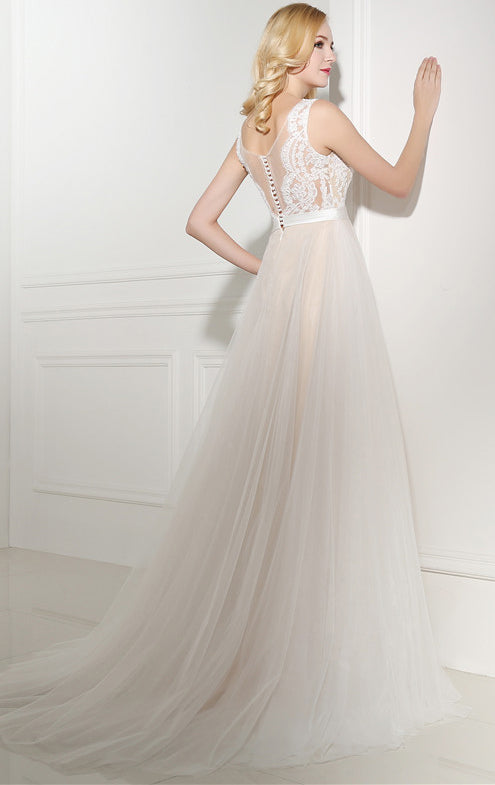Timeless A-line White Evening Dress Round Neck Chiffon Long Formal Dress LFNL0486