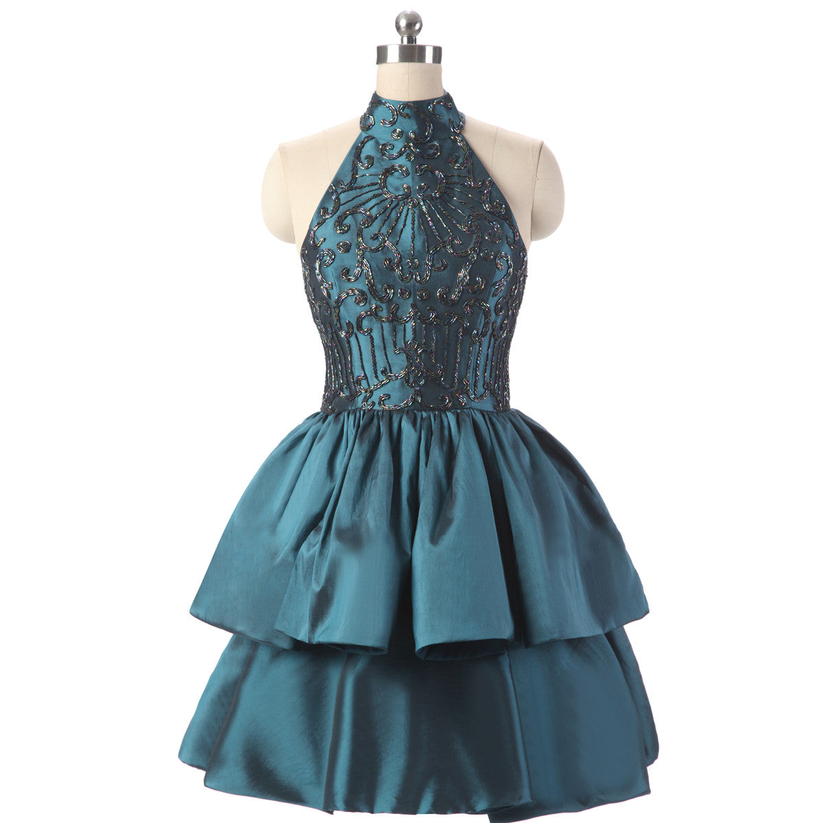 Feminine A-line Green Homecoming Dress High Collar Satin&Beads Short Formal Dress LFNG0038