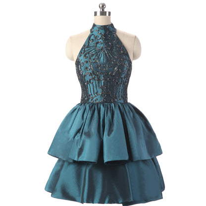 Feminine A-line Green Homecoming Dress High Collar Satin&Beads Short Formal Dress LFNG0038