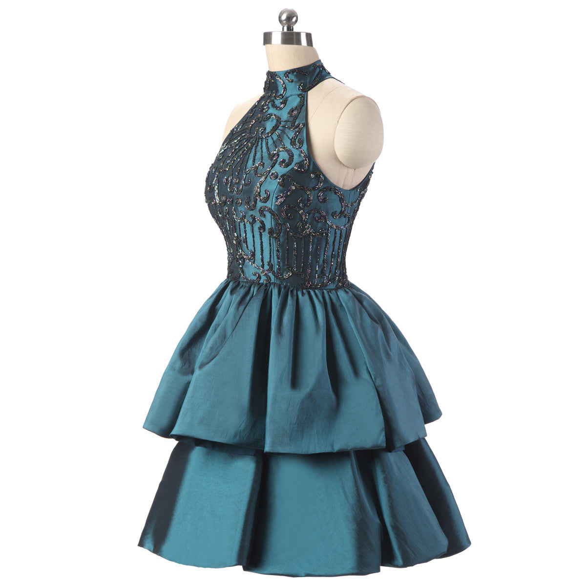 Feminine A-line Green Homecoming Dress High Collar Satin&Beads Short Formal Dress LFNG0038