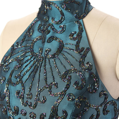 Feminine A-line Green Homecoming Dress High Collar Satin&Beads Short Formal Dress LFNG0038