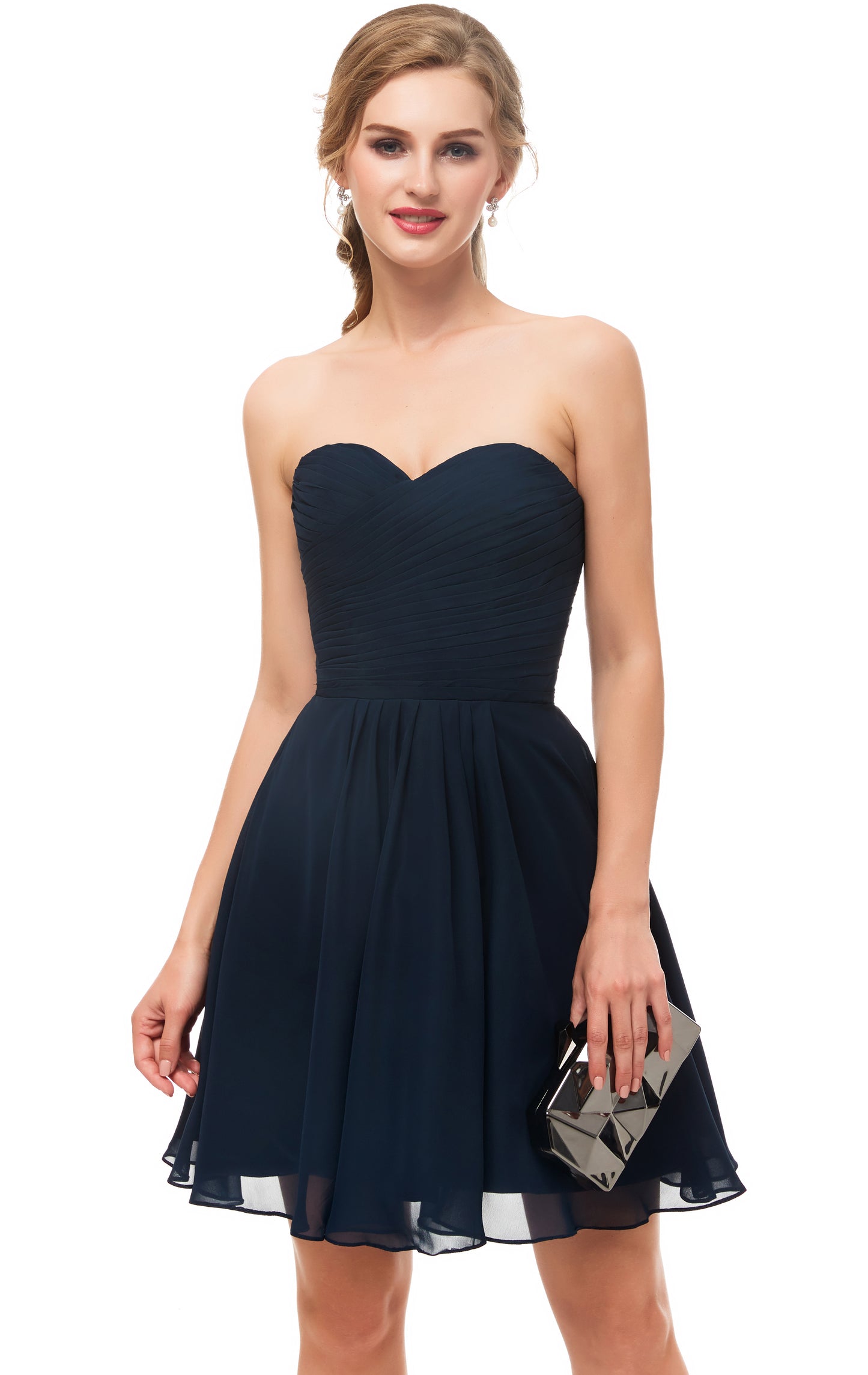Elegant A-line Navy Blue Evening Dress Strapless Chiffon Short Formal Dress LFNL0532