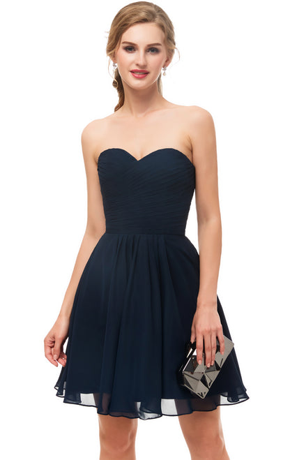 Elegant A-line Navy Blue Evening Dress Strapless Chiffon Short Formal Dress LFNL0532
