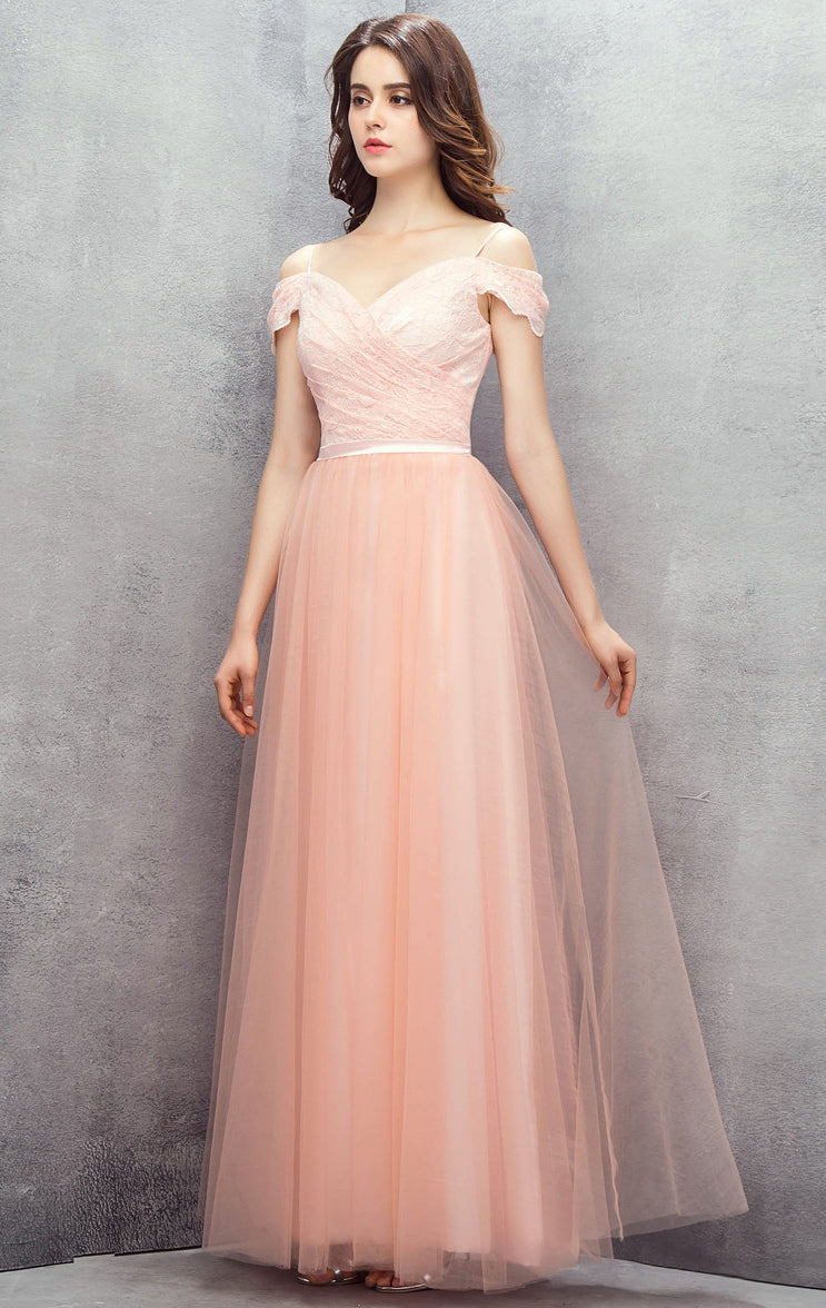 Eye-catching A-line Pink Evening Gowns Off Shoulder Tulle Long Formal Dress LFNG0040