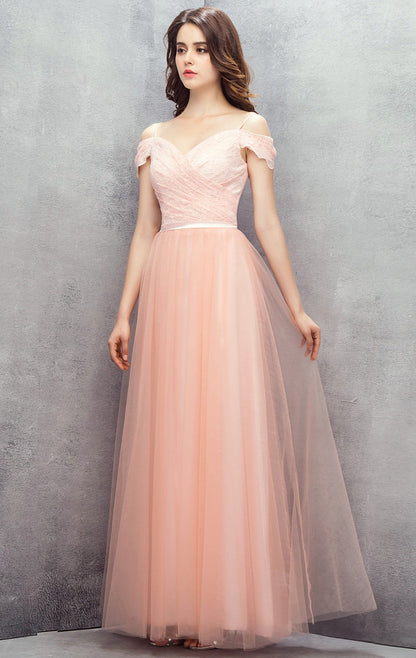 Eye-catching A-line Pink Evening Gowns Off Shoulder Tulle Long Formal Dress LFNG0040