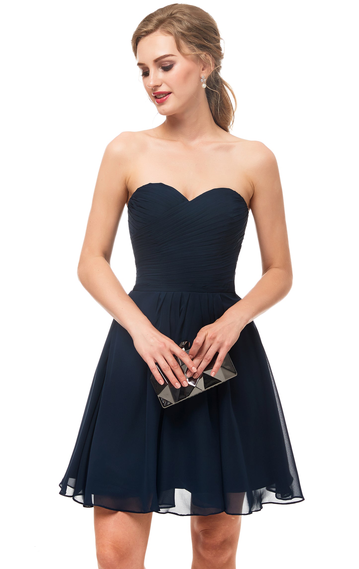 Elegant A-line Navy Blue Evening Dress Strapless Chiffon Short Formal Dress LFNL0532