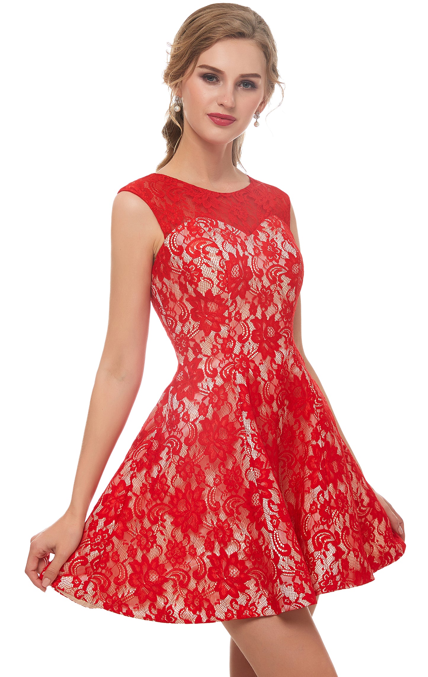 Romantic A-line Red Evening Dress Round Neck Lace Short Formal Dress LFNL0533