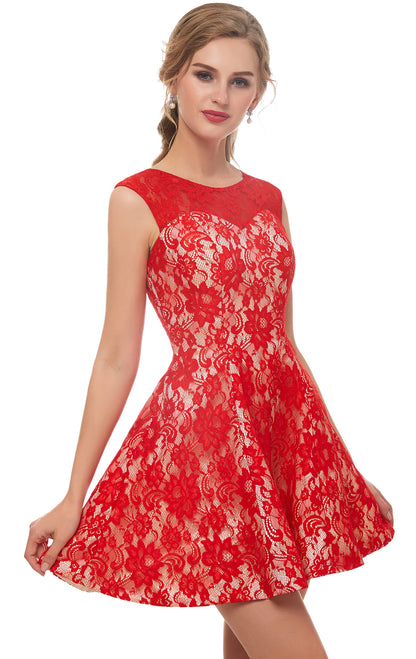 Romantic A-line Red Evening Dress Round Neck Lace Short Formal Dress LFNL0533