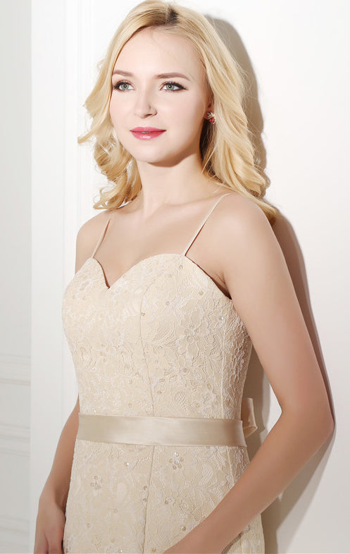 Graceful Mermaid Champagne Evening Dress Straps Lace Long Formal Dress LFNL0493