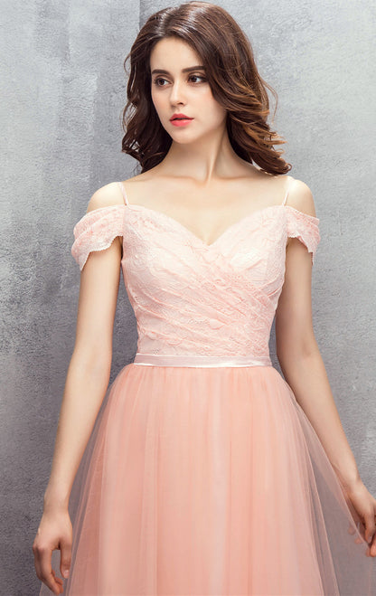 Eye-catching A-line Pink Evening Gowns Off Shoulder Tulle Long Formal Dress LFNG0040
