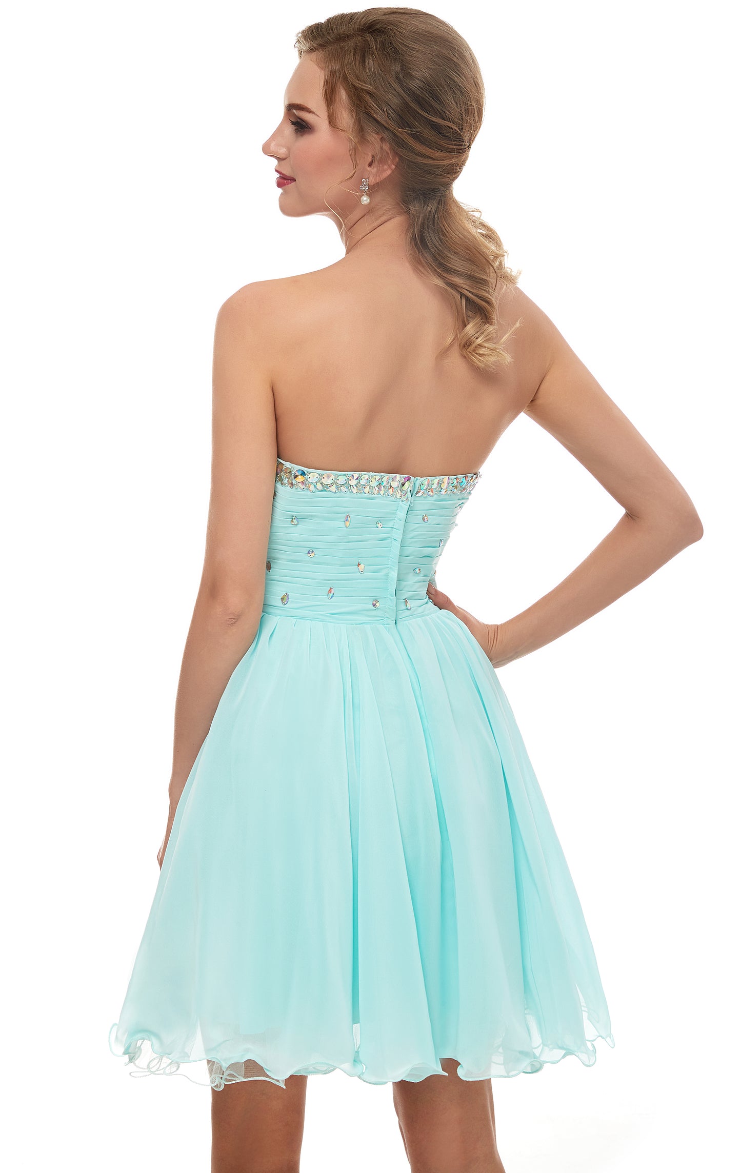 Lightweight A-line Blue Green Evening Dress Sweetheart Neck Chiffon Short Formal Dress LFNL0529