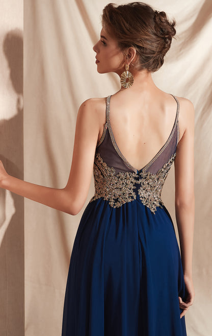 Gorgeous A-line Blue Evening Dress Halter Chiffon Long Formal Dress LFNL0535