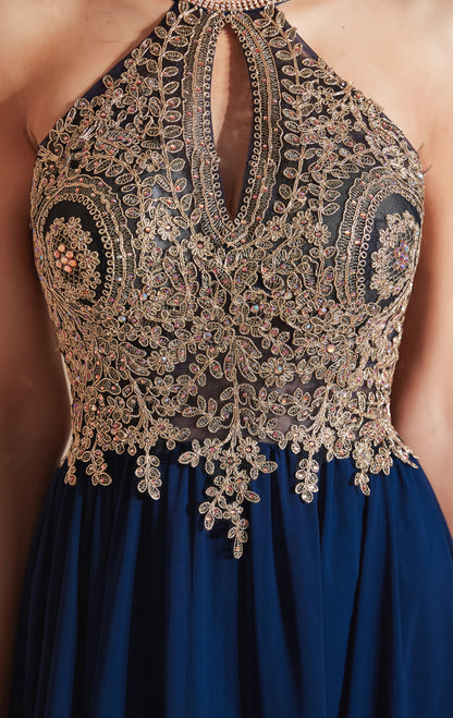 Gorgeous A-line Blue Evening Dress Halter Chiffon Long Formal Dress LFNL0535